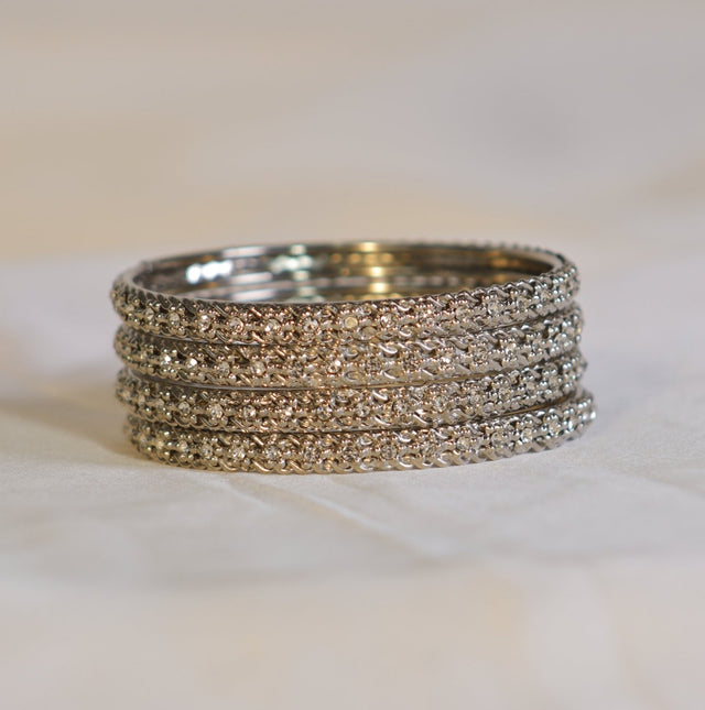 Metal Bangles in Silver with White Stone