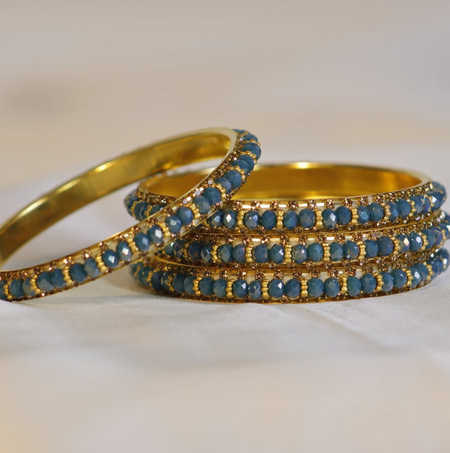 Metal Bangles with Blue Stones – Set of 4