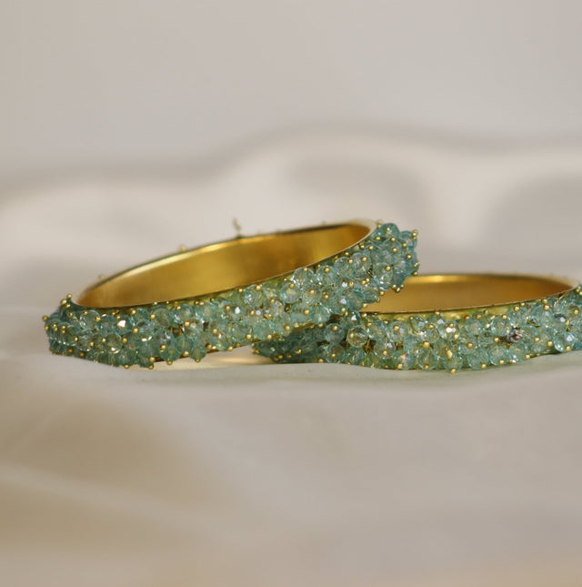 Metal Bangles with Crystal Pair in Dusty Blue