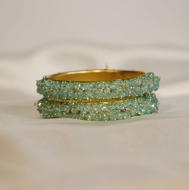 Metal Bangles with Crystal Pair in Dusty Blue