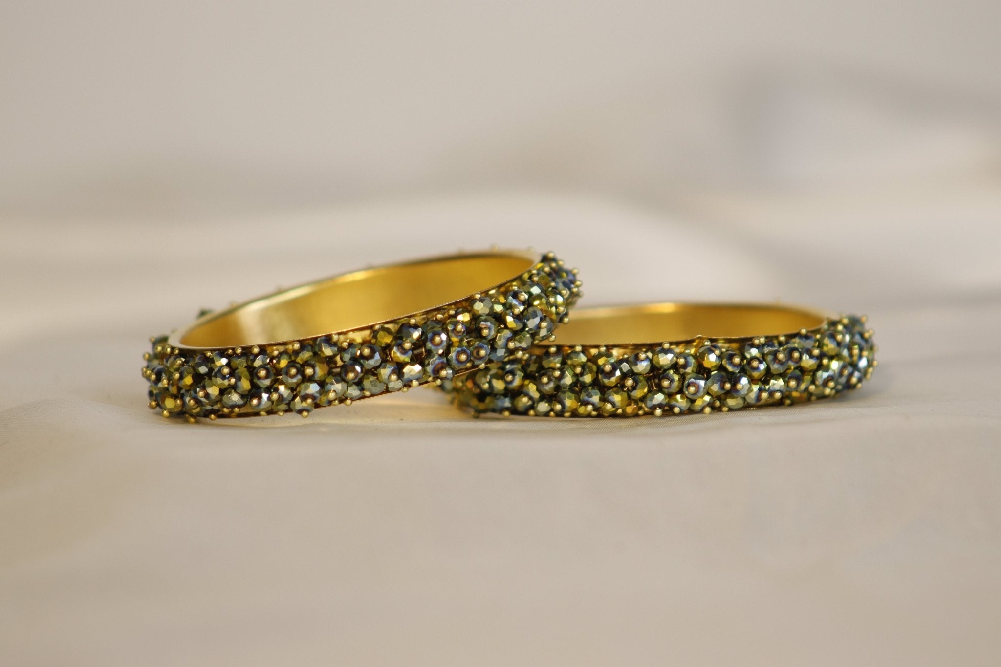 Metal Bangles with Crystal Pair in Olive Green