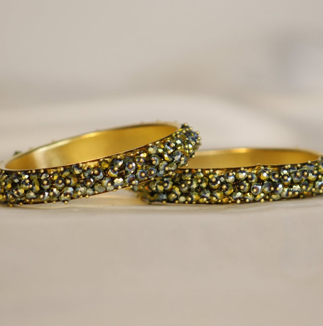 Metal Bangles with Crystal Pair in Olive Green