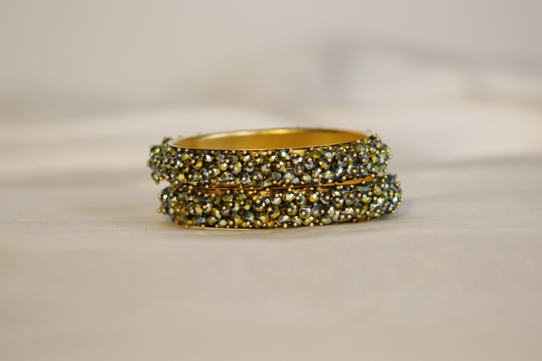 Metal Bangles with Crystal Pair in Olive Green