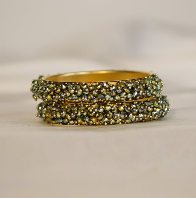 Metal Bangles with Crystal Pair in Olive Green