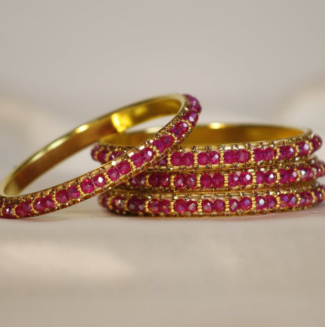 Metal Bangles with Pink Stones – Set of 4