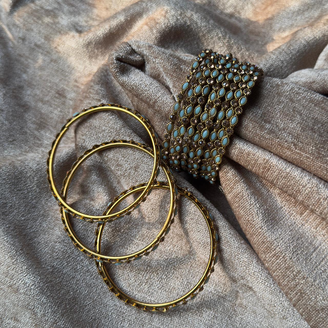 Elegant Metal Bangles with Colourful Beads – Set of 4