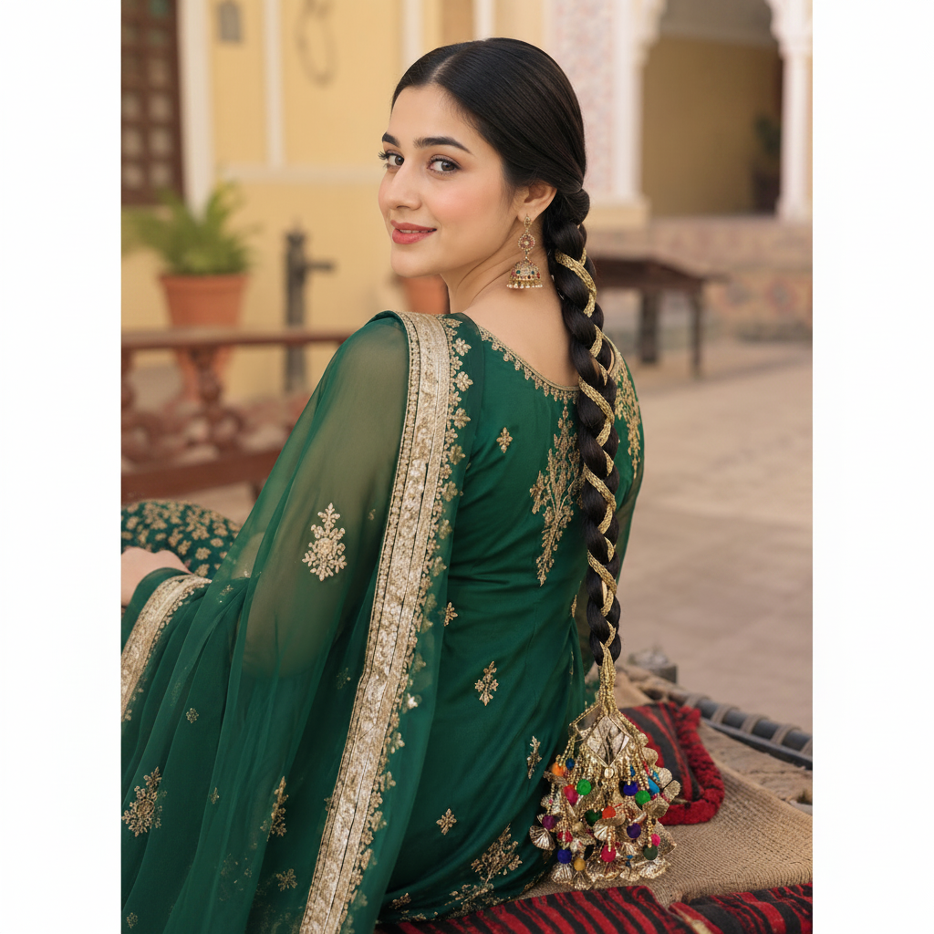 HandMade Gota Hair Paranda | Luxury Gold Base Multicolor Pom Poms | Mirror Centerpiece | Traditional Look