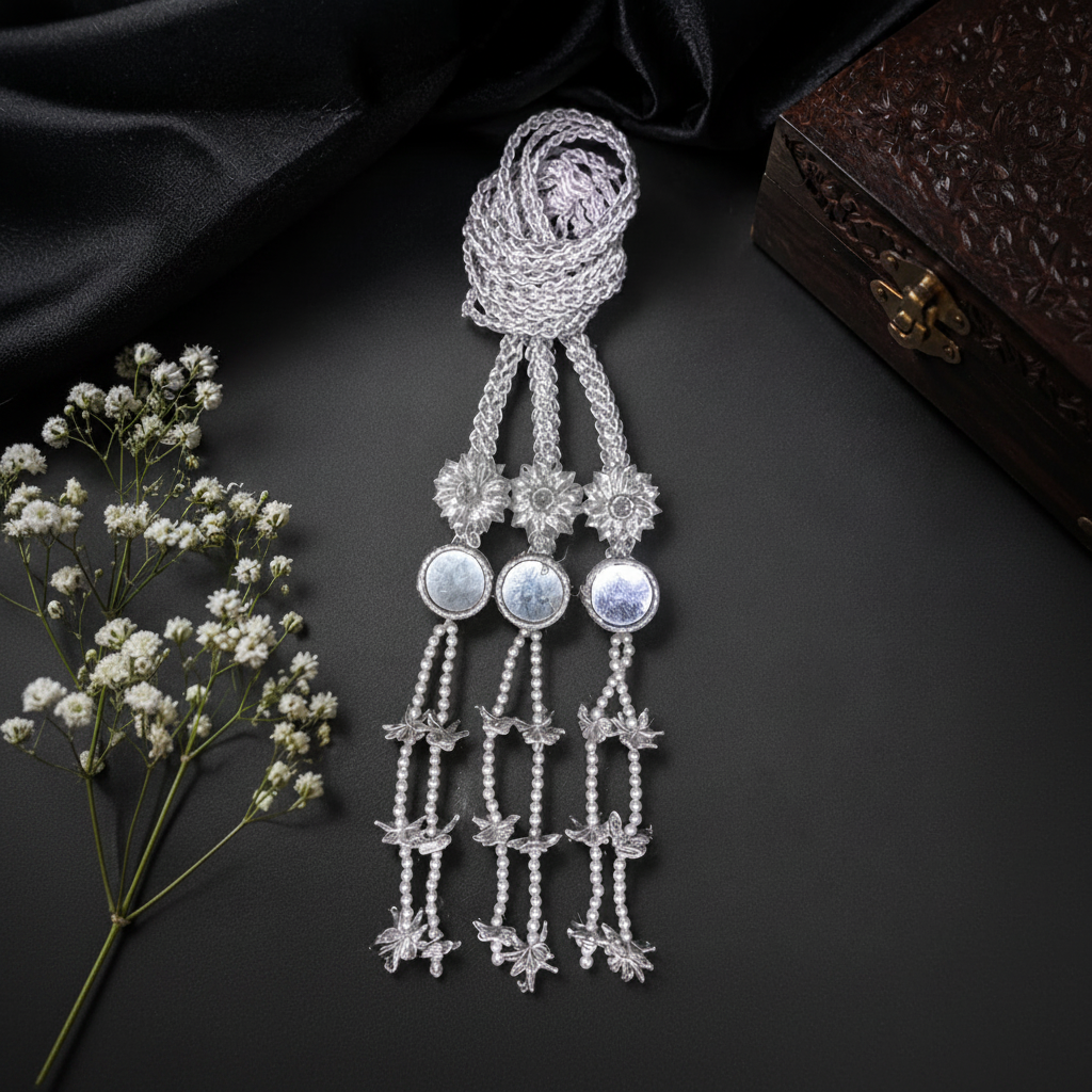 Handcrafted Gota Silver Pearl Tassel Pranda | Luxury Punjabi Hair Accessory | Wedding & Party Wear