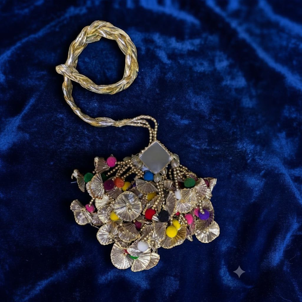 HandMade Gota Hair Paranda | Luxury Gold Base Multicolor Pom Poms | Mirror Centerpiece | Traditional Look