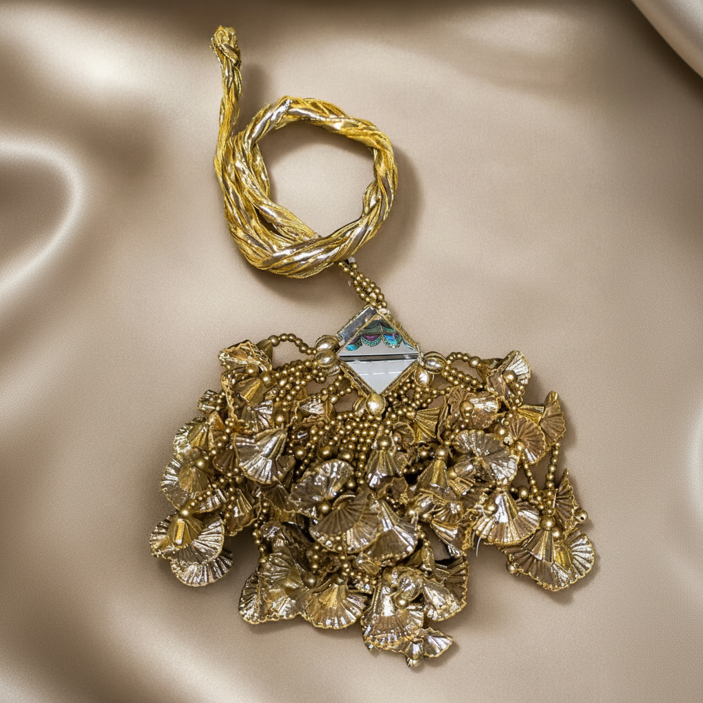 HandMade Gota Hair Paranda | Luxury Gold Base Multicolor Pom Poms | Mirror Centerpiece | Traditional Look